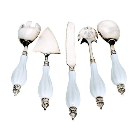 Vintage Godinger Silver Plated White Porcelain Handle Server Utensil 5 Pc. Set - Picture 1 of 11